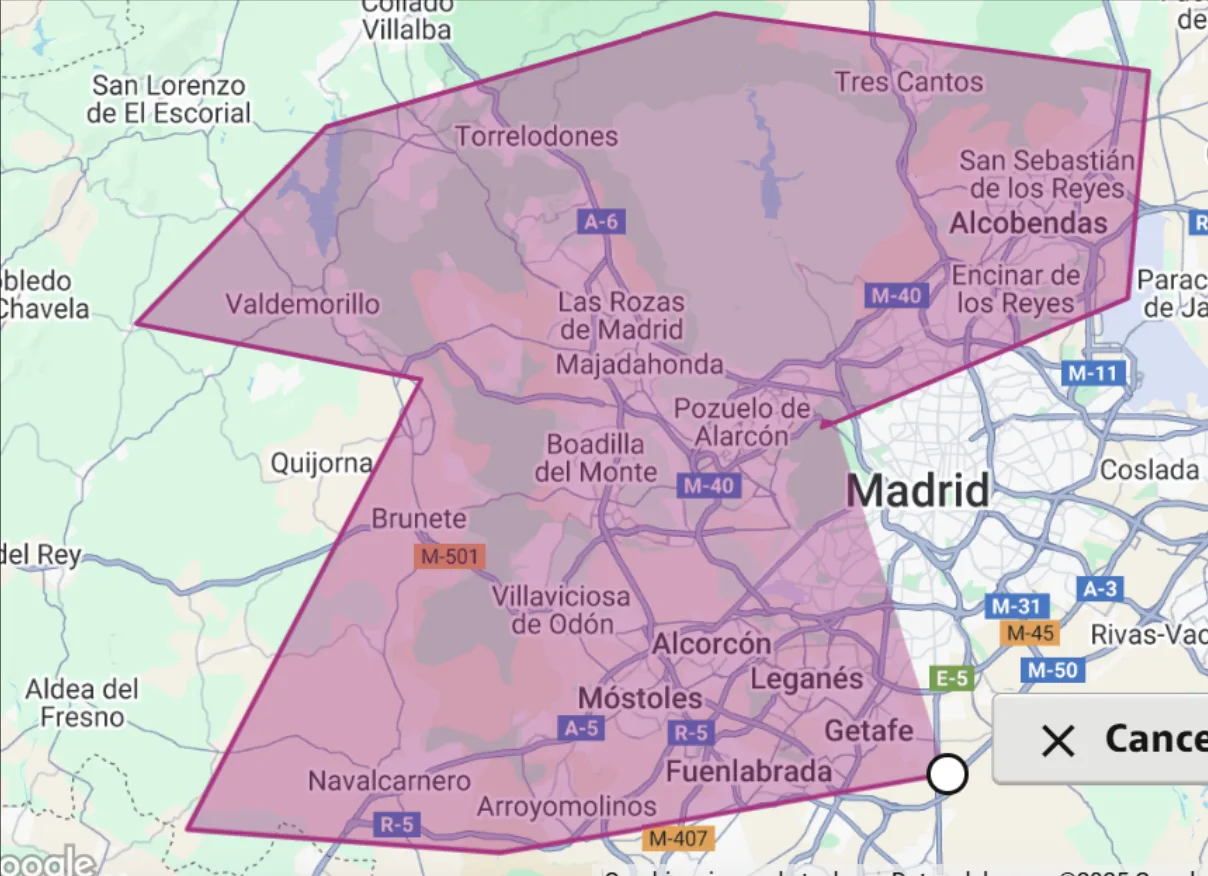 Mapa del área de trabajo de Rocasa Reformas en Madrid y alrededores